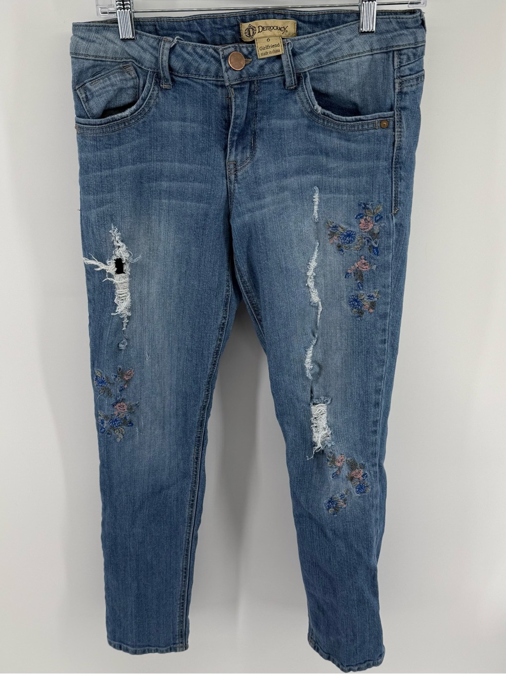 Democracy Light Blue Distressed Jeans with Floral Embroidery